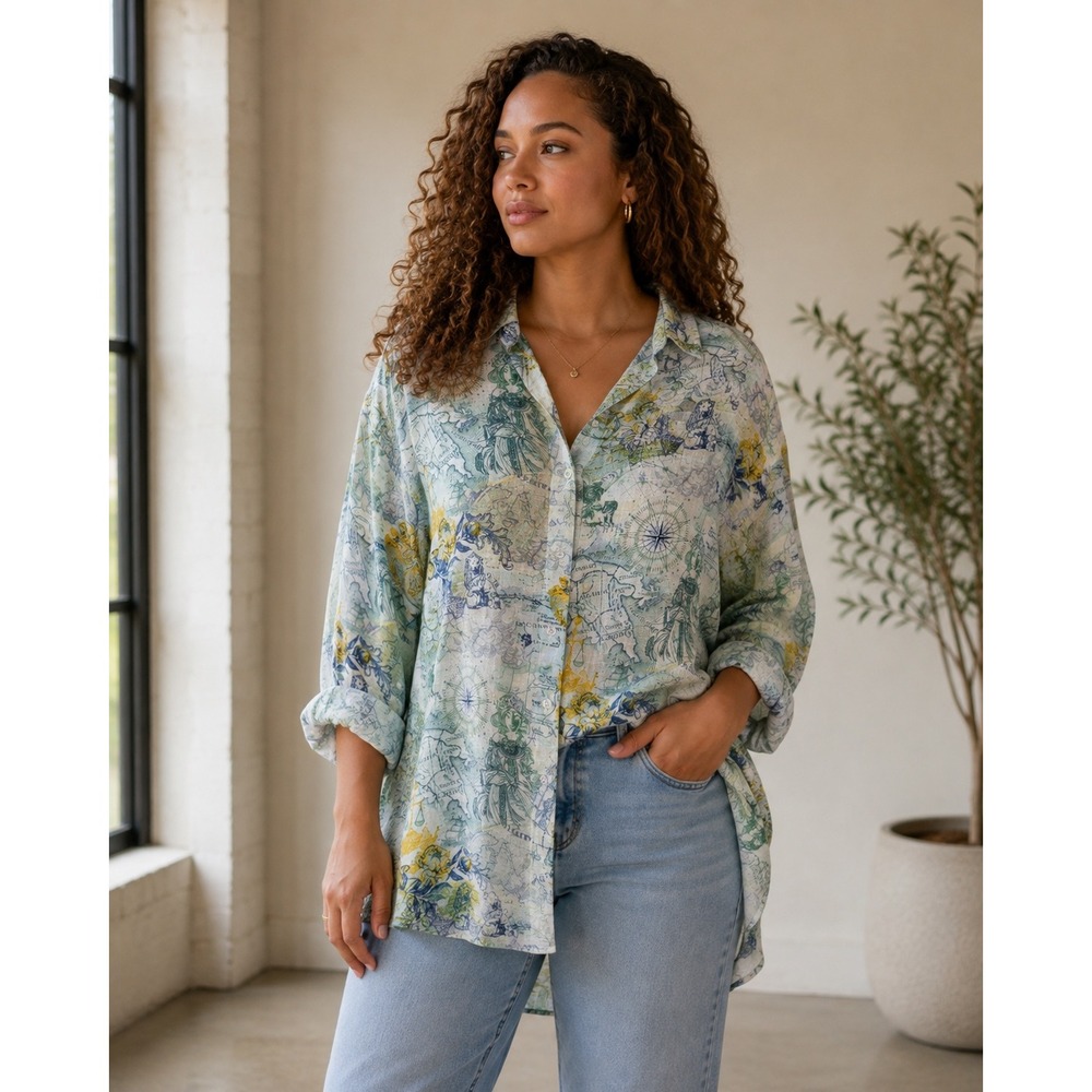 Jane + Delancey Map Print Tunic Celestial Button Down Women XL